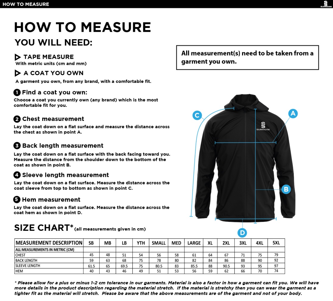PRESTON HARRIERS Dual Full Zip Training Jacket : Royal - Size Guide